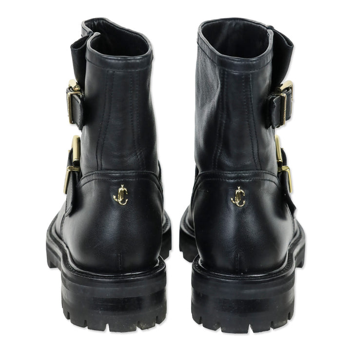 Jimmy Choo Black Leather Youth II Gold Double Buckle Moto Boots