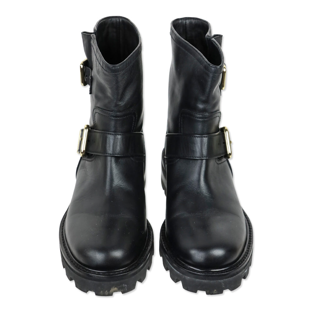 Jimmy Choo Black Leather Youth II Gold Double Buckle Moto Boots