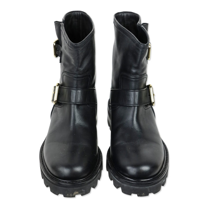 Jimmy Choo Black Leather Youth II Gold Double Buckle Moto Boots