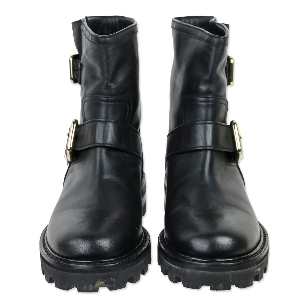 Jimmy Choo Black Leather Youth II Gold Double Buckle Moto Boots