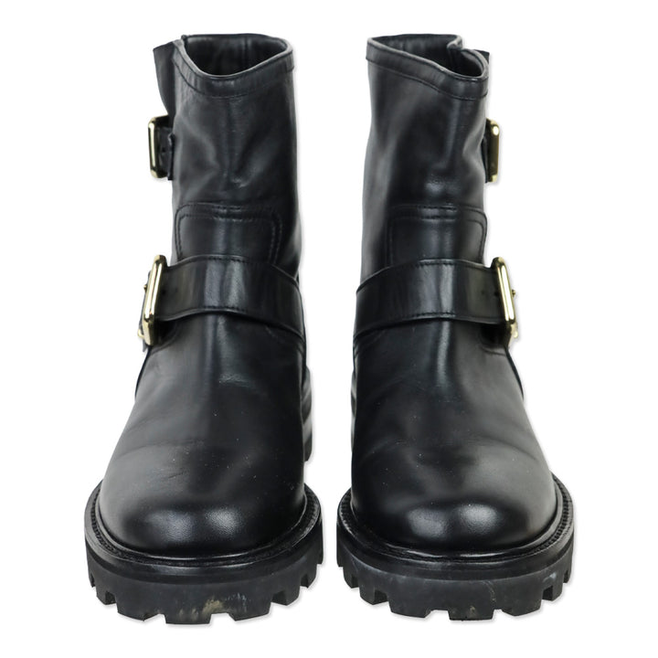 Jimmy Choo Black Leather Youth II Gold Double Buckle Moto Boots