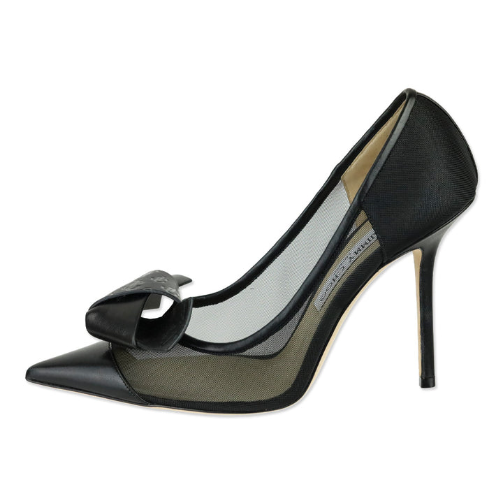 Jimmy Choo Black Mesh JC Logo Leather Bow Lani 100 Pumps