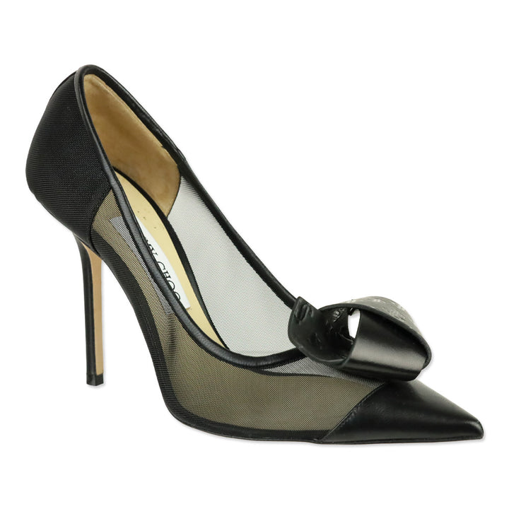 Jimmy Choo Black Mesh JC Logo Leather Bow Lani 100 Pumps