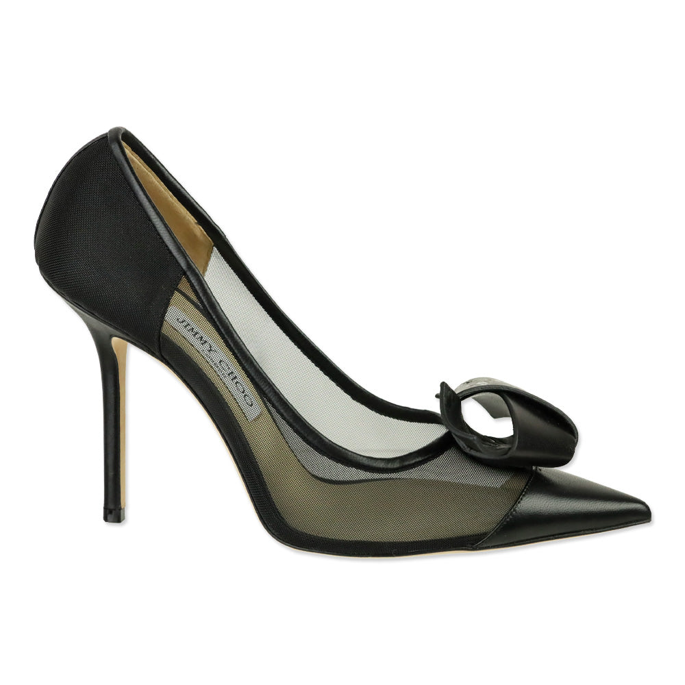 Jimmy Choo Black Mesh JC Logo Leather Bow Lani 100 Pumps