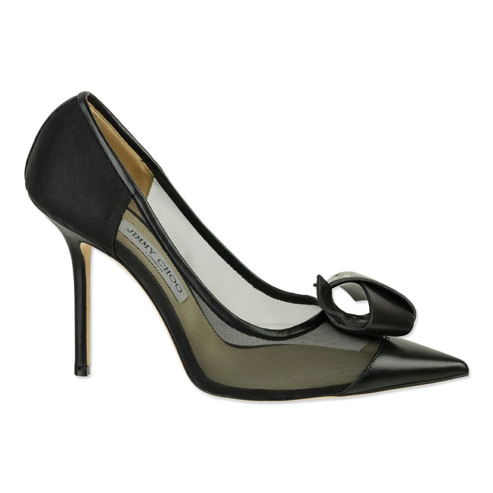 Jimmy Choo Black Mesh JC Logo Leather Bow Lani 100 Pumps