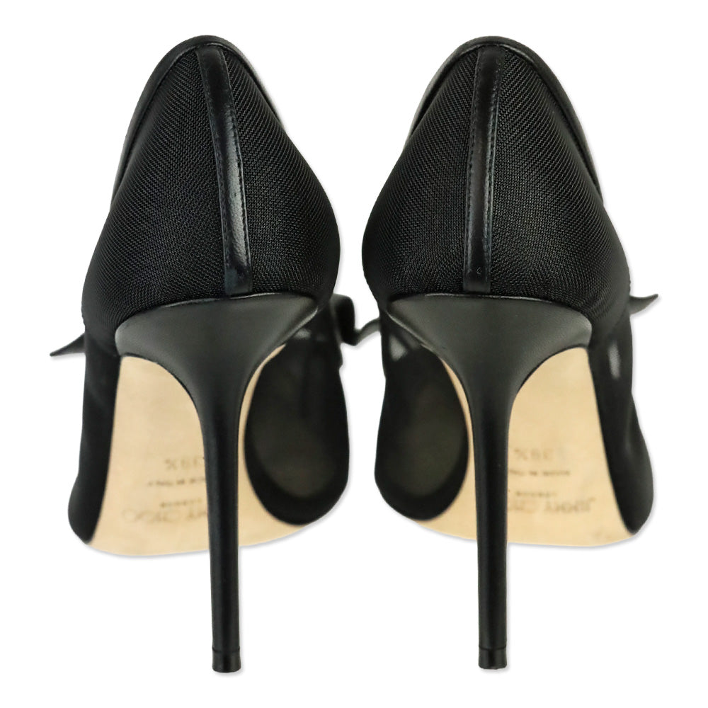 Jimmy Choo Black Mesh JC Logo Leather Bow Lani 100 Pumps