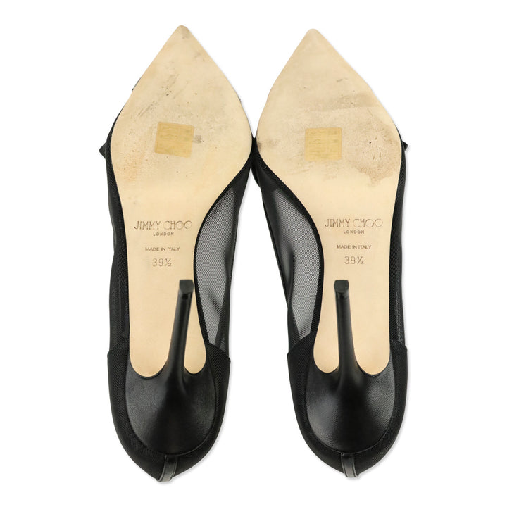 Jimmy Choo Black Mesh JC Logo Leather Bow Lani 100 Pumps