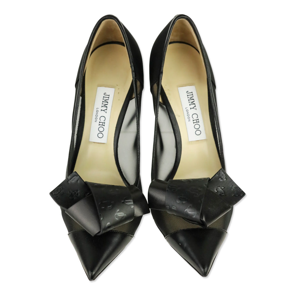Jimmy Choo Black Mesh JC Logo Leather Bow Lani 100 Pumps