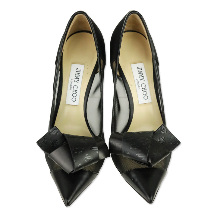 Jimmy Choo Black Mesh JC Logo Leather Bow Lani 100 Pumps
