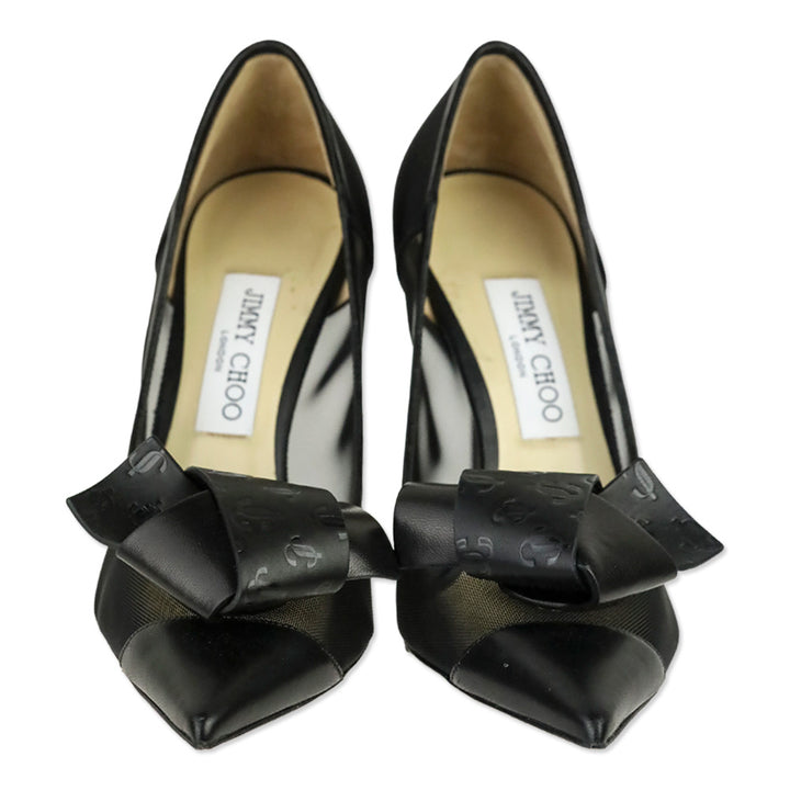 Jimmy Choo Black Mesh JC Logo Leather Bow Lani 100 Pumps