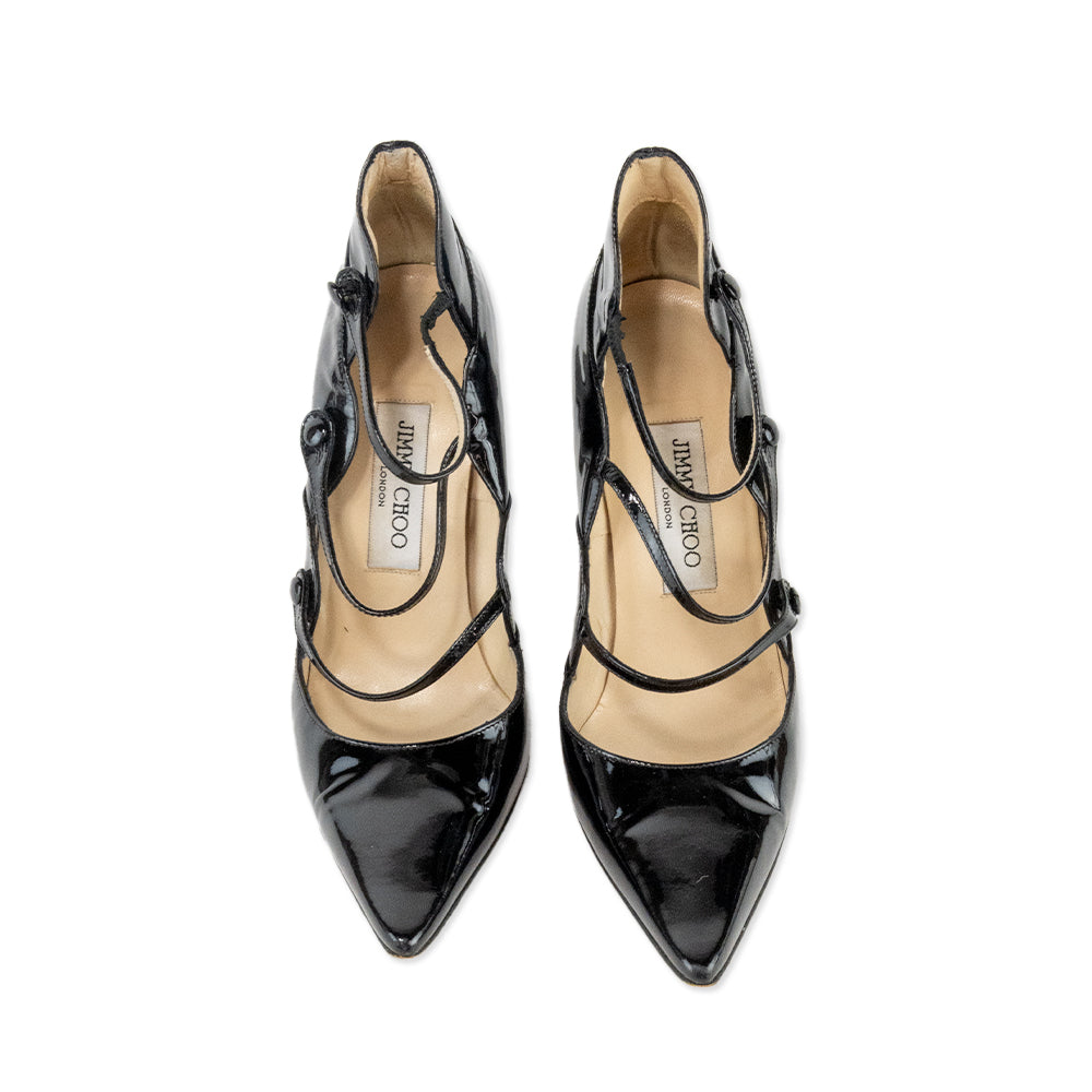 Jimmy Choo Black Patent Leather Bridge Strap Pumps