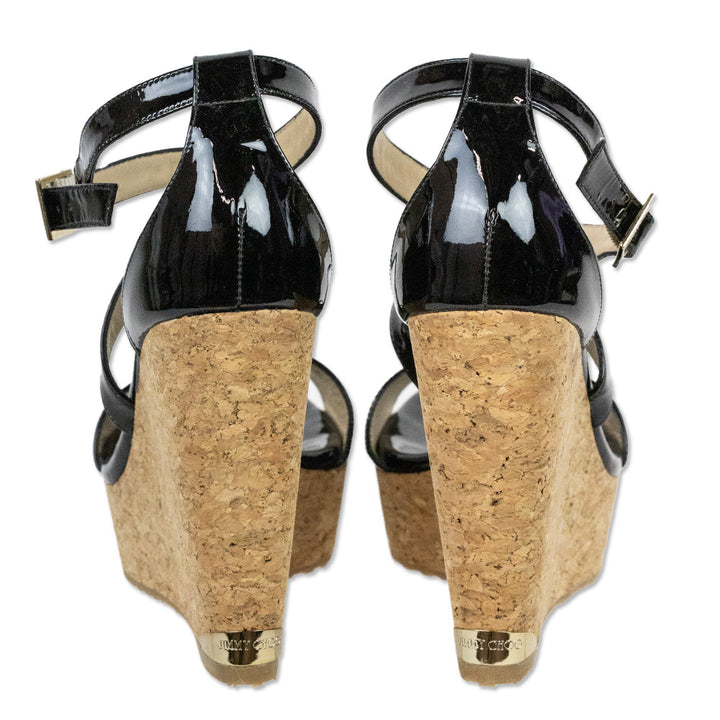 Jimmy Choo Black Patent Leather Cork Wedge Sandals