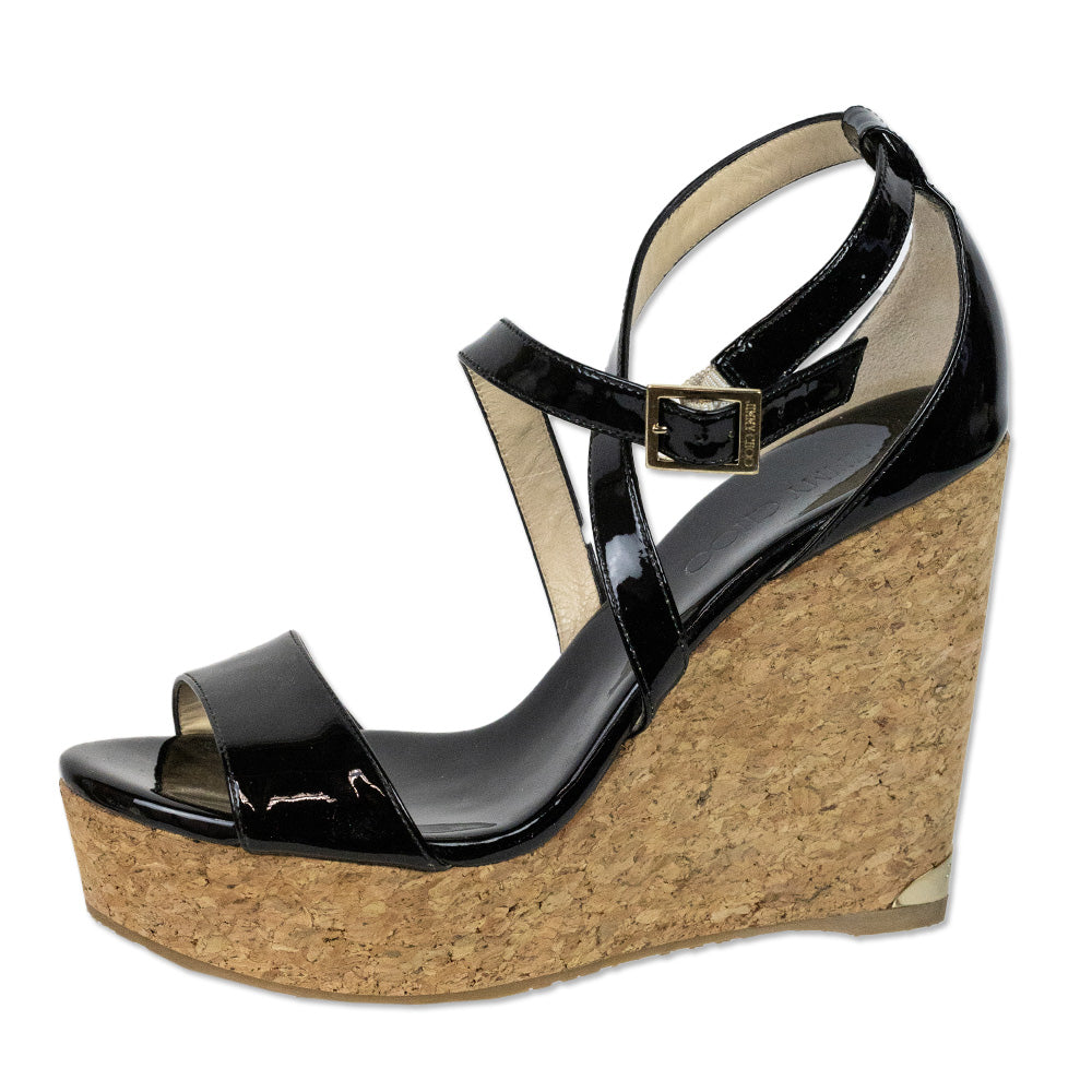 Jimmy Choo Black Patent Leather Cork Wedge Sandals