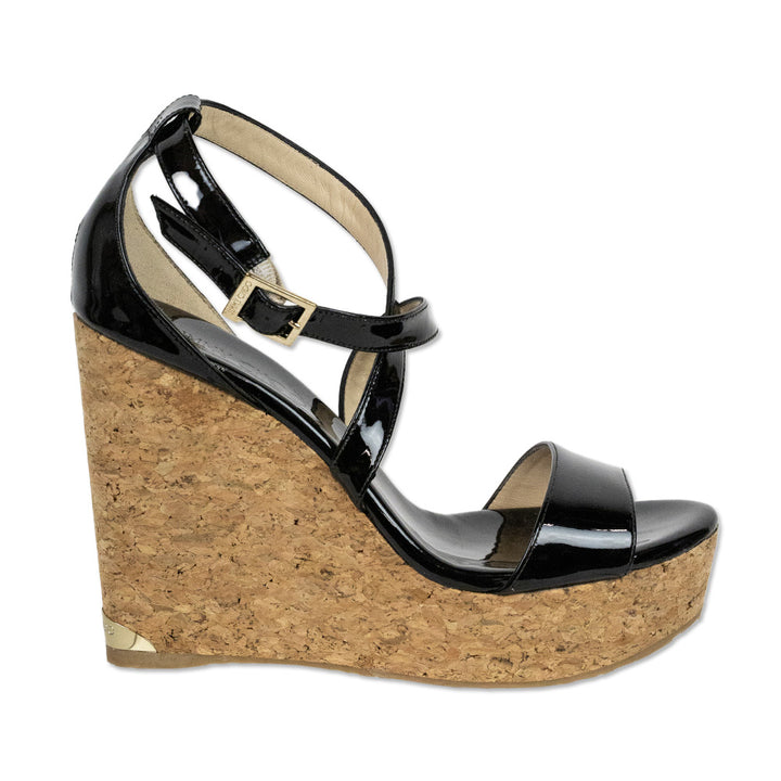 Jimmy Choo Black Patent Leather Cork Wedge Sandals