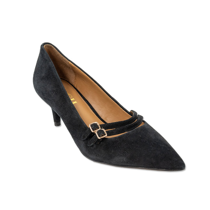 Coach Black Suede Pointed Toe Strappy Kitten Heels