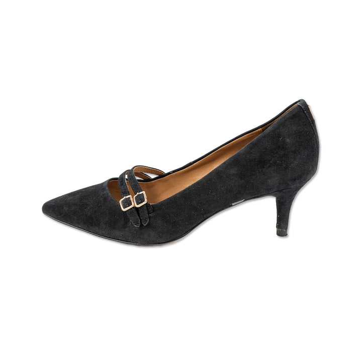 Coach Black Suede Pointed Toe Strappy Kitten Heels