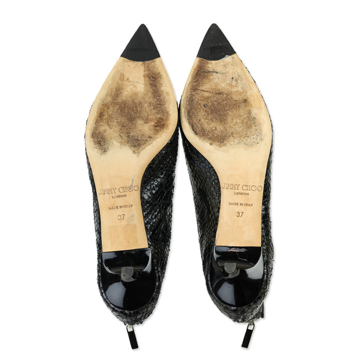 Jimmy Choo Black Patent Perforated Snakeskin Booties