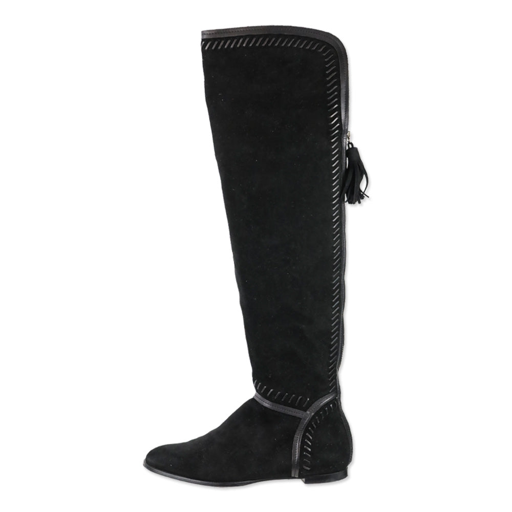 Jimmy Choo Black Suede Duncan Tassel & Stitching Over-the-Knee Boots