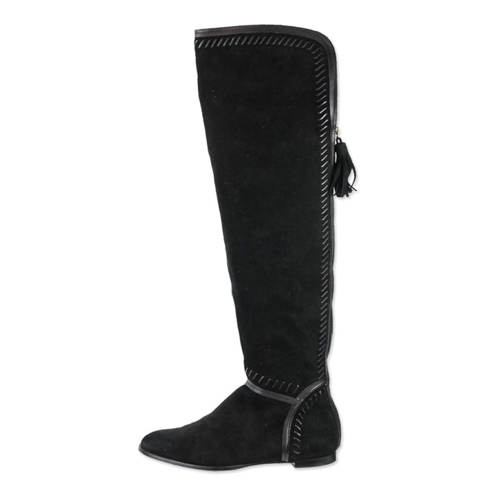 Jimmy Choo Black Suede Duncan Tassel & Stitching Over-the-Knee Boots