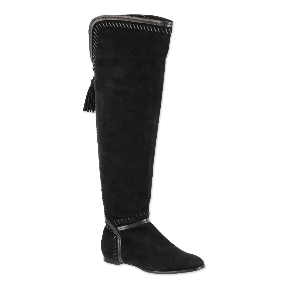 Jimmy Choo Black Suede Duncan Tassel & Stitching Over-the-Knee Boots