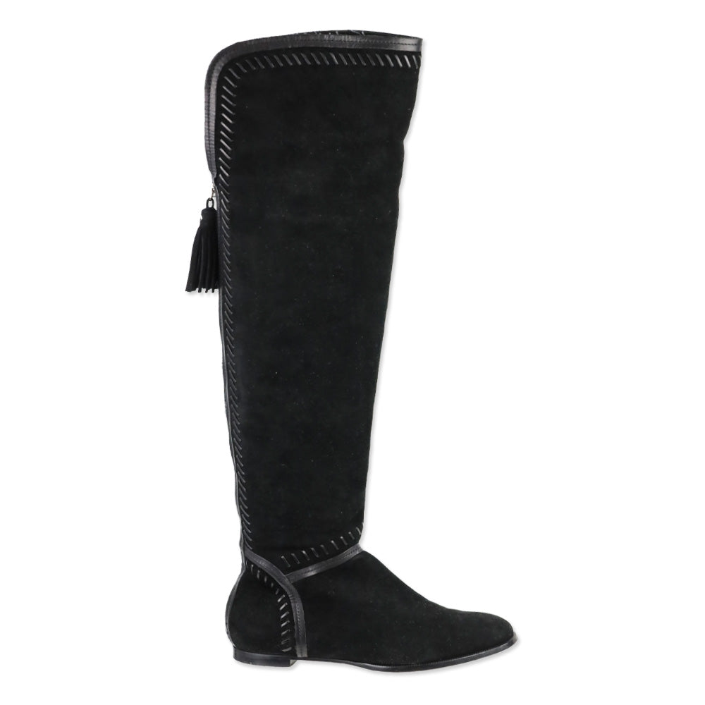Jimmy Choo Black Suede Duncan Tassel & Stitching Over-the-Knee Boots