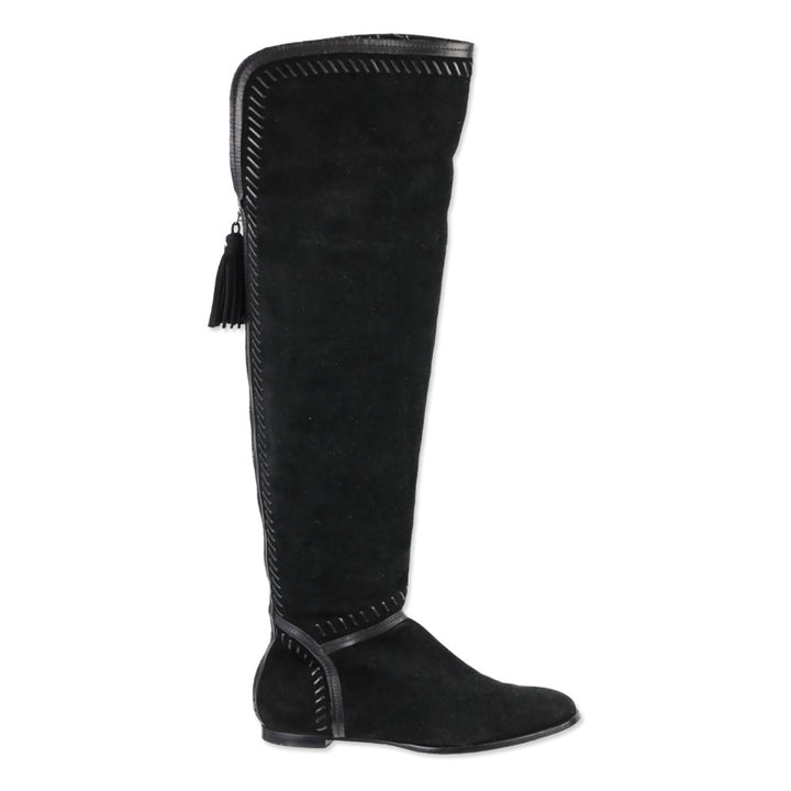 Jimmy Choo Black Suede Duncan Tassel & Stitching Over-the-Knee Boots