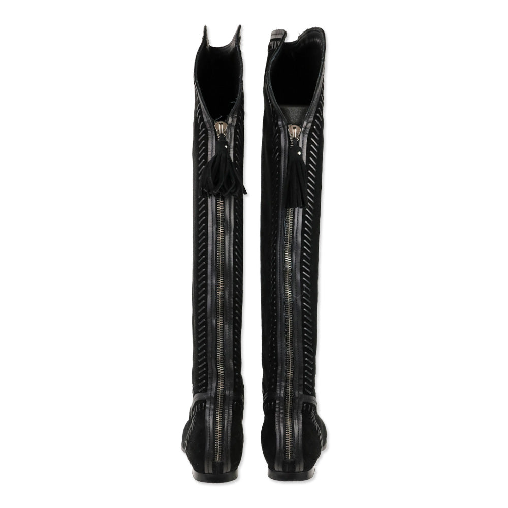 Jimmy Choo Black Suede Duncan Tassel & Stitching Over-the-Knee Boots