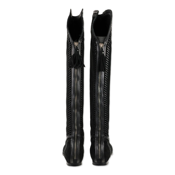 Jimmy Choo Black Suede Duncan Tassel & Stitching Over-the-Knee Boots