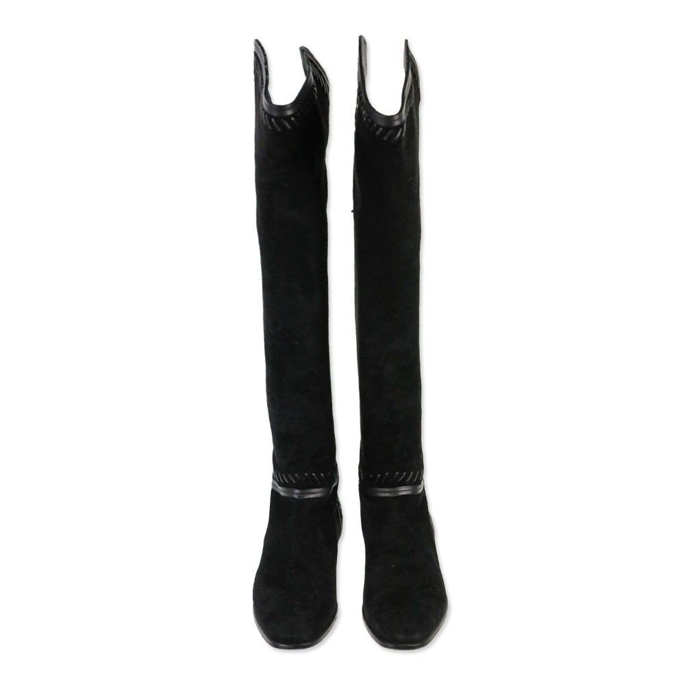 Jimmy Choo Black Suede Duncan Tassel & Stitching Over-the-Knee Boots
