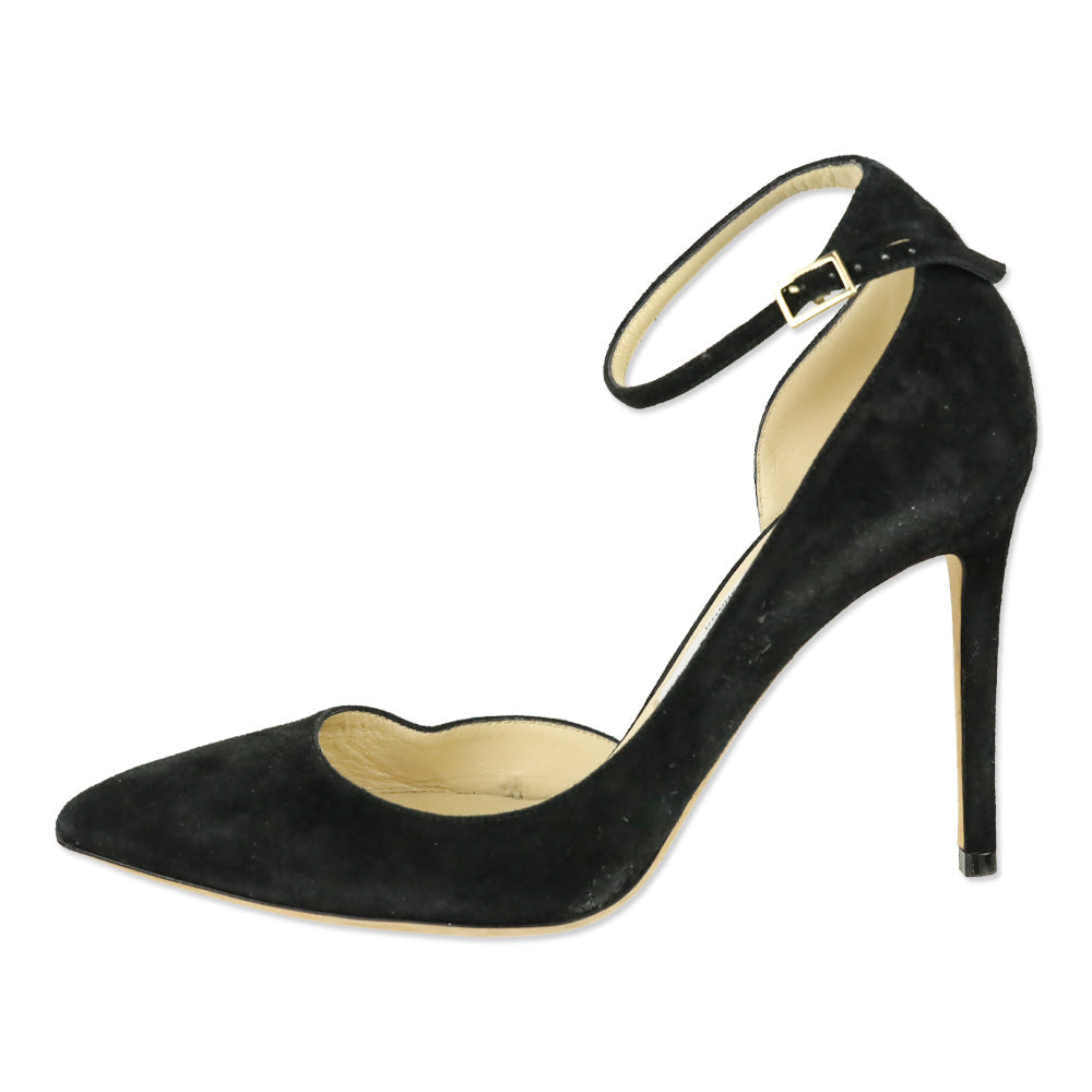 Jimmy Choo Black Suede Lucy Ankle Strap Pointed Toe D'orsay Pumps