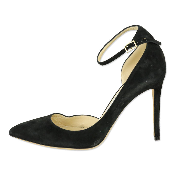 Jimmy Choo Black Suede Lucy Ankle Strap Pointed Toe D'orsay Pumps