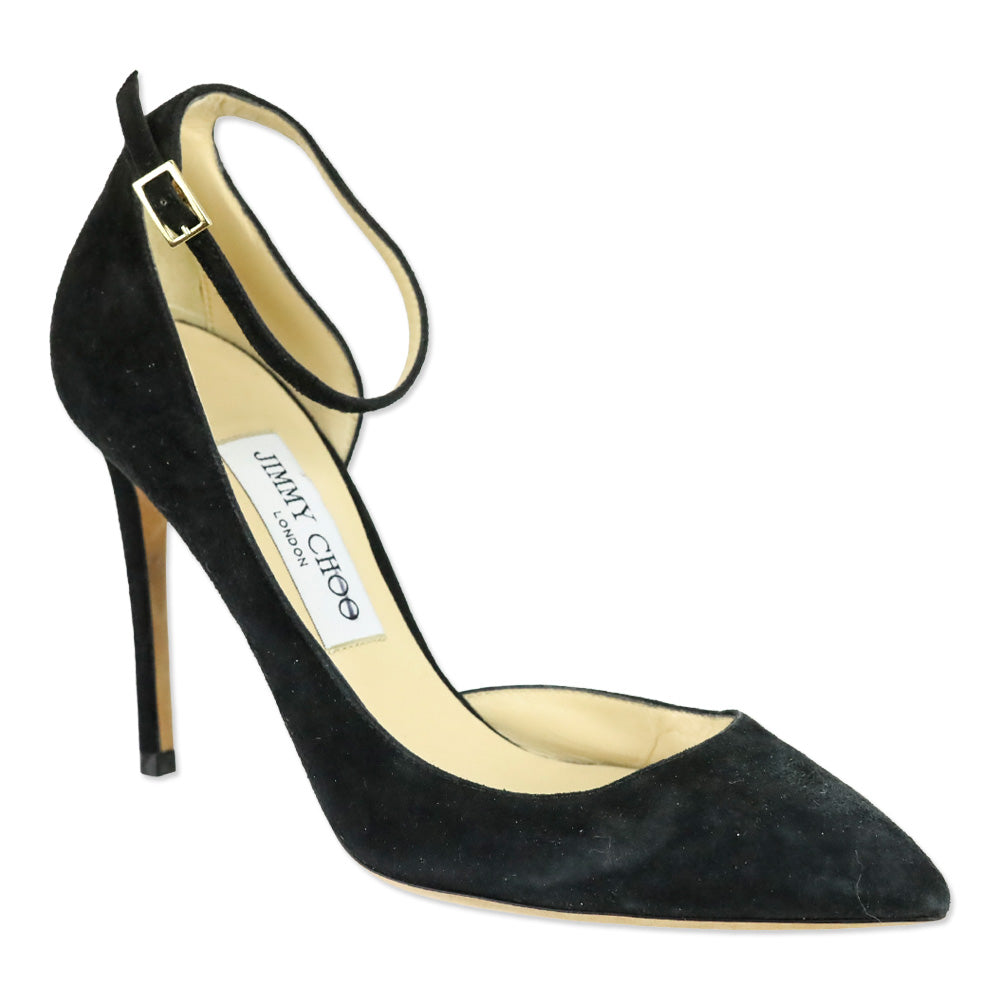 Jimmy Choo Black Suede Lucy Ankle Strap Pointed Toe D'orsay Pumps