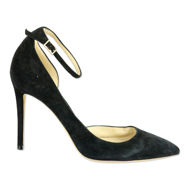 Jimmy Choo Black Suede Lucy Ankle Strap Pointed Toe D'orsay Pumps