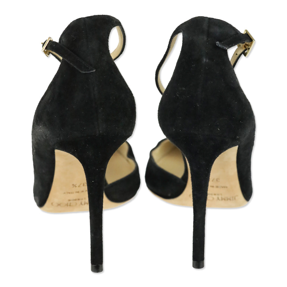 Jimmy Choo Black Suede Lucy Ankle Strap Pointed Toe D'orsay Pumps