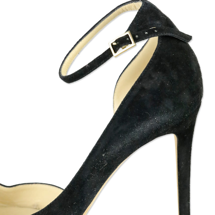 Jimmy Choo Black Suede Lucy Ankle Strap Pointed Toe D'orsay Pumps