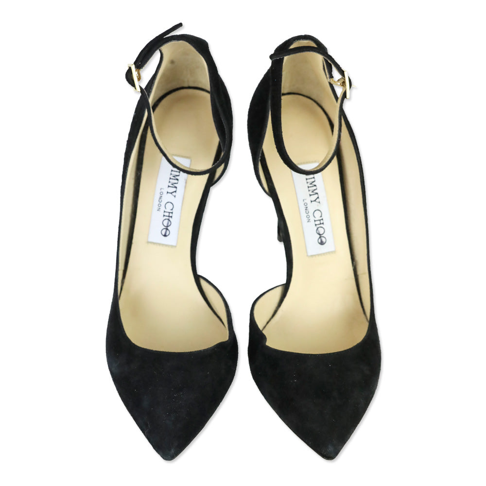 Jimmy Choo Black Suede Lucy Ankle Strap Pointed Toe D'orsay Pumps