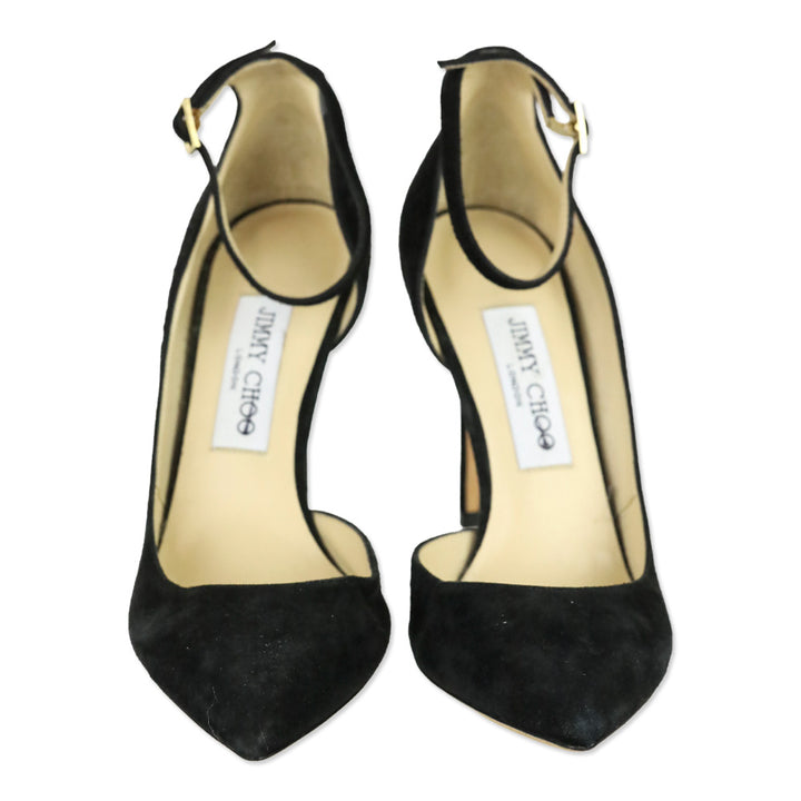 Jimmy Choo Black Suede Lucy Ankle Strap Pointed Toe D'orsay Pumps