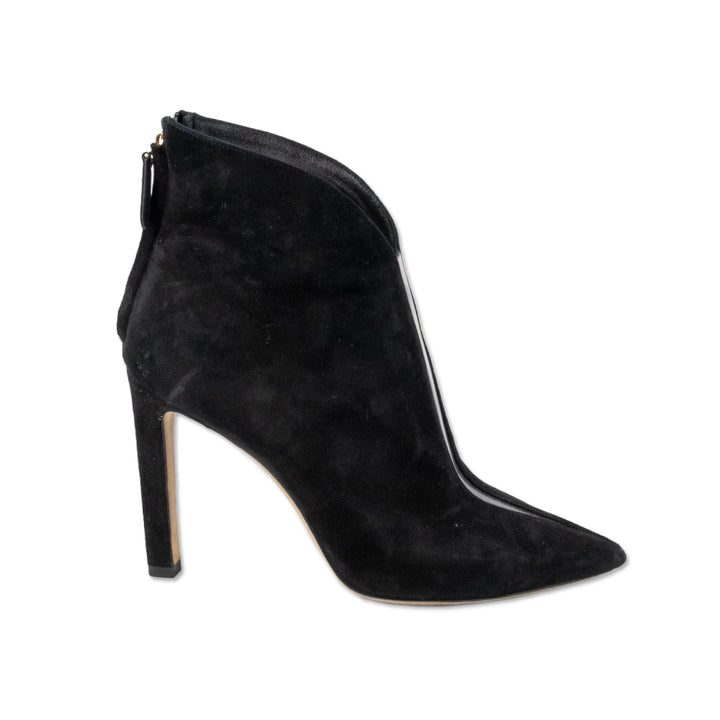 Jimmy Choo Black Suede Pointed Toe Ankle Booties with Clear Stripe