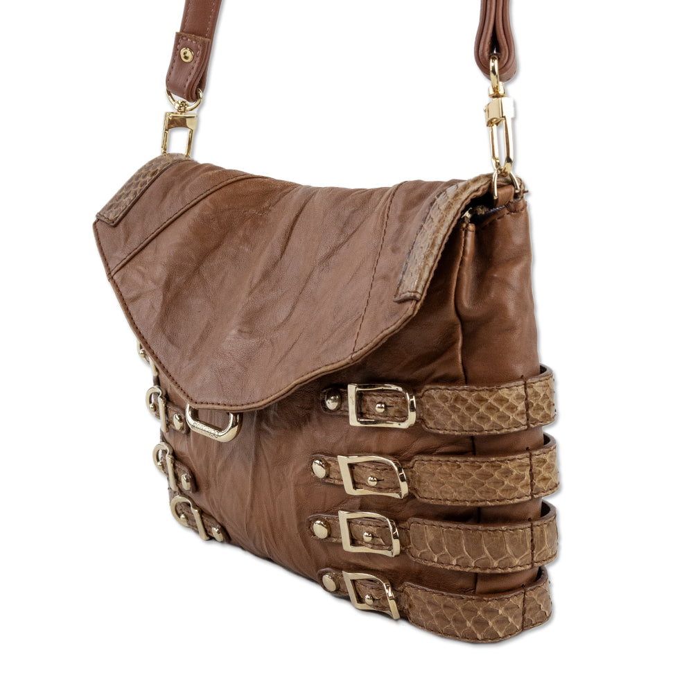 Jimmy Choo Brown Leather Snakeskin Buckle Shoulder Bag