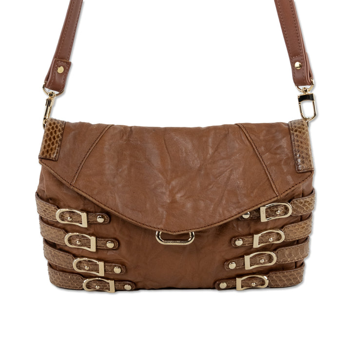 Jimmy Choo Brown Leather Snakeskin Buckle Shoulder Bag