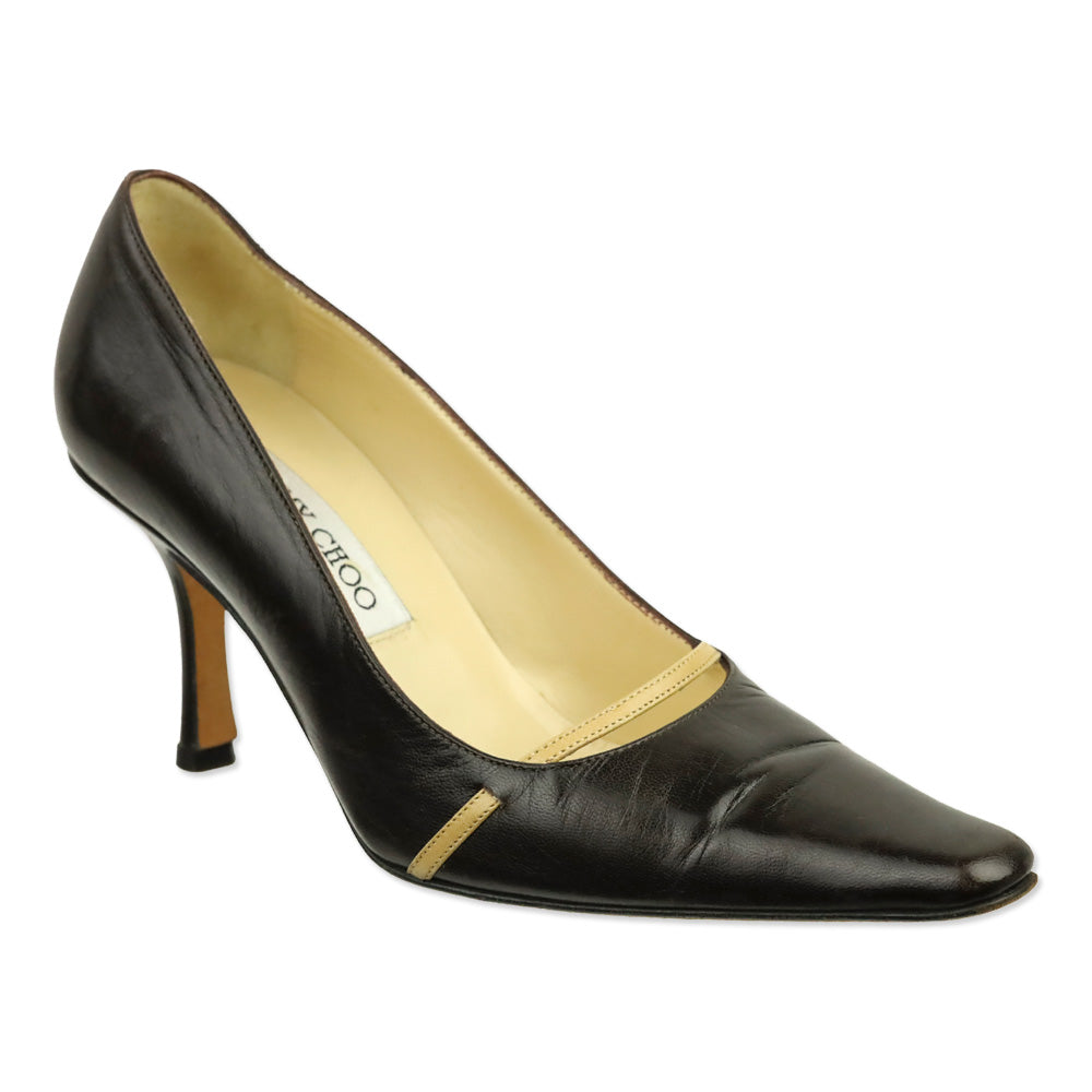 Jimmy Choo Brown Leather & Tan Strap Pump