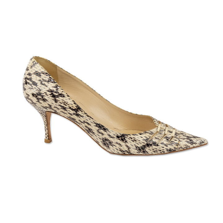 Jimmy Choo Brown and Cream Snake Skin Cut Out Pointed Toe Heels