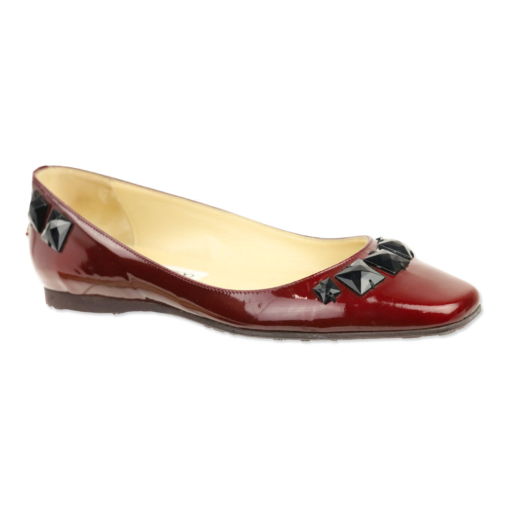 Jimmy Choo Burgundy Patent Leather Black Rhinestone Watson Ballet Flats