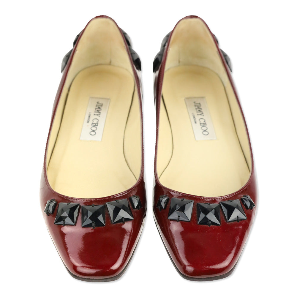 Jimmy Choo Burgundy Patent Leather Black Rhinestone Watson Ballet Flats