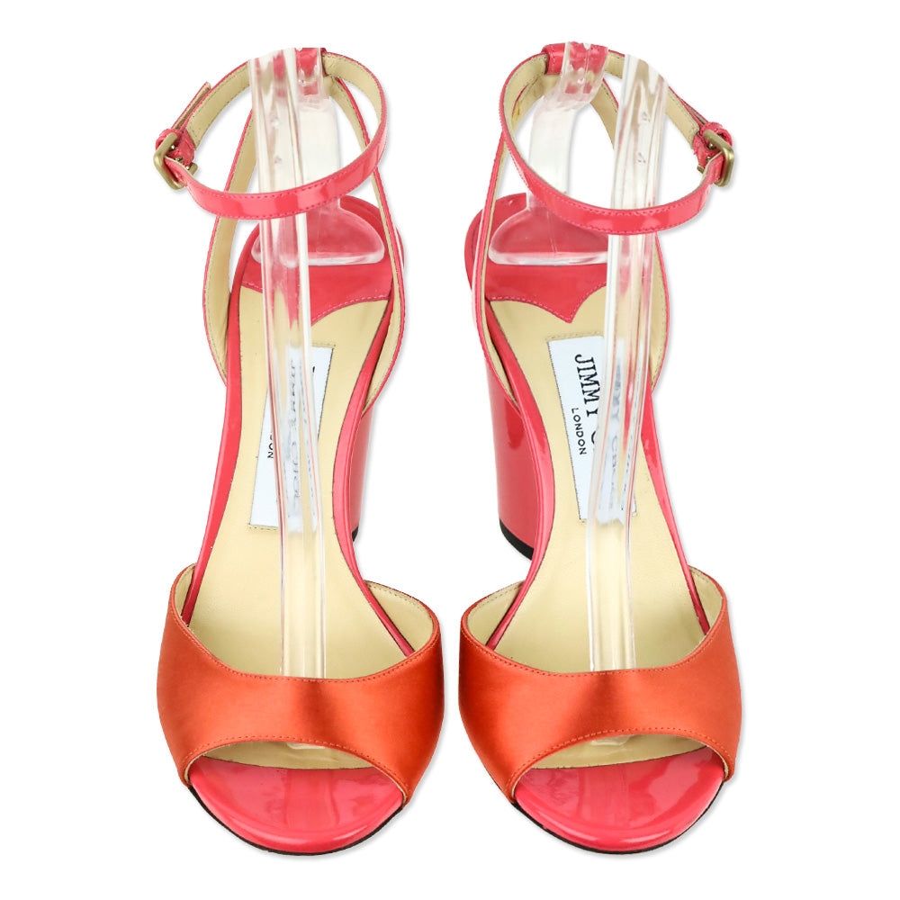 Jimmy Choo Calypso/Flamingo Satin Miranda 100 Ankle Wrap Sandal