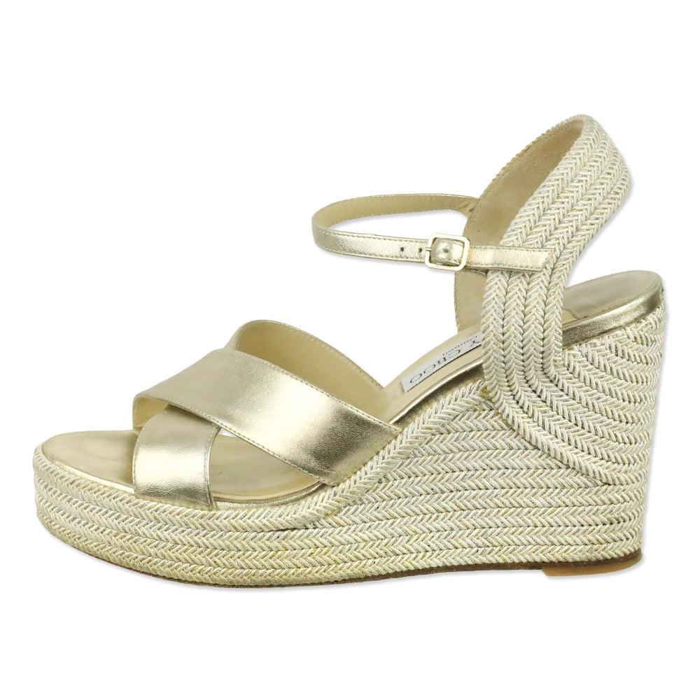 Jimmy Choo Champagne Nappa Leather Wedge Dellena 100 Sandals with Metallic Rope Thread