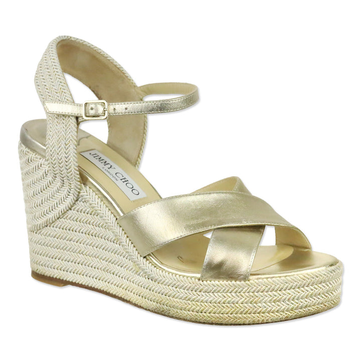 Jimmy Choo Champagne Nappa Leather Wedge Dellena 100 Sandals with Metallic Rope Thread