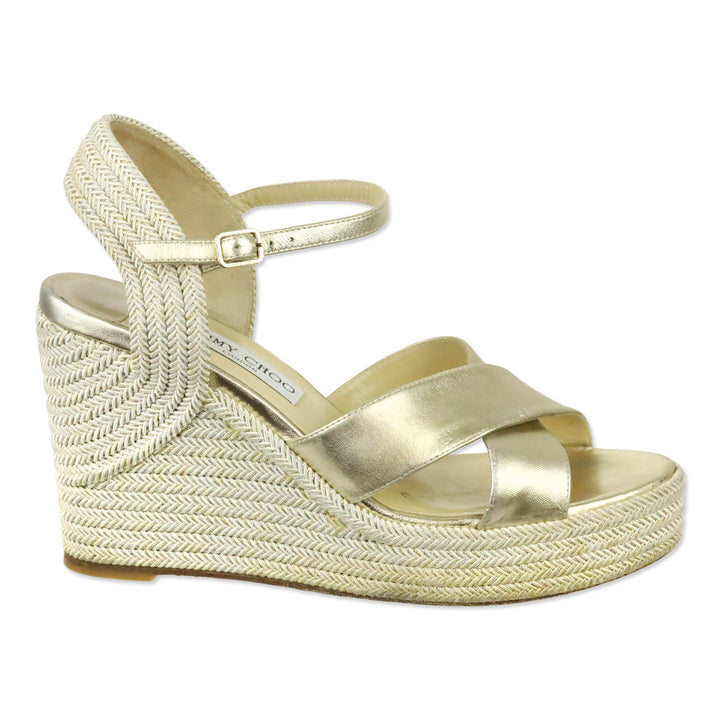 Jimmy Choo Champagne Nappa Leather Wedge Dellena 100 Sandals with Metallic Rope Thread