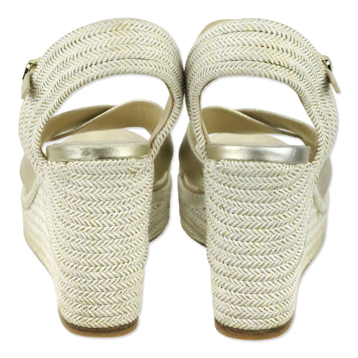 Jimmy Choo Champagne Nappa Leather Wedge Dellena 100 Sandals with Metallic Rope Thread