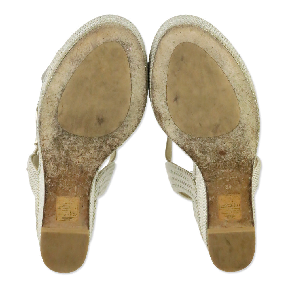 Jimmy Choo Champagne Nappa Leather Wedge Dellena 100 Sandals with Metallic Rope Thread
